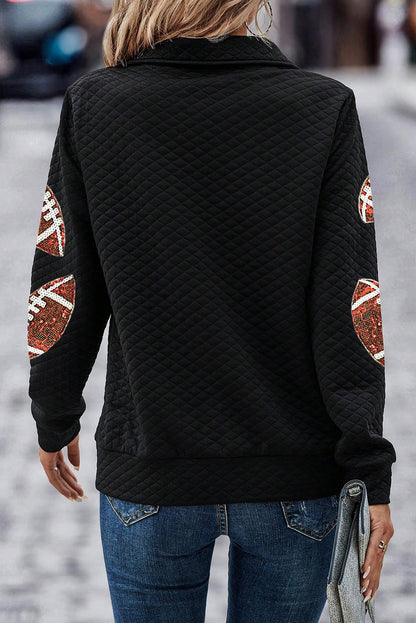 Schwarzes, strukturiertes Rugby-Football-Sweatshirt mit Viertelreißverschluss und Pailletten