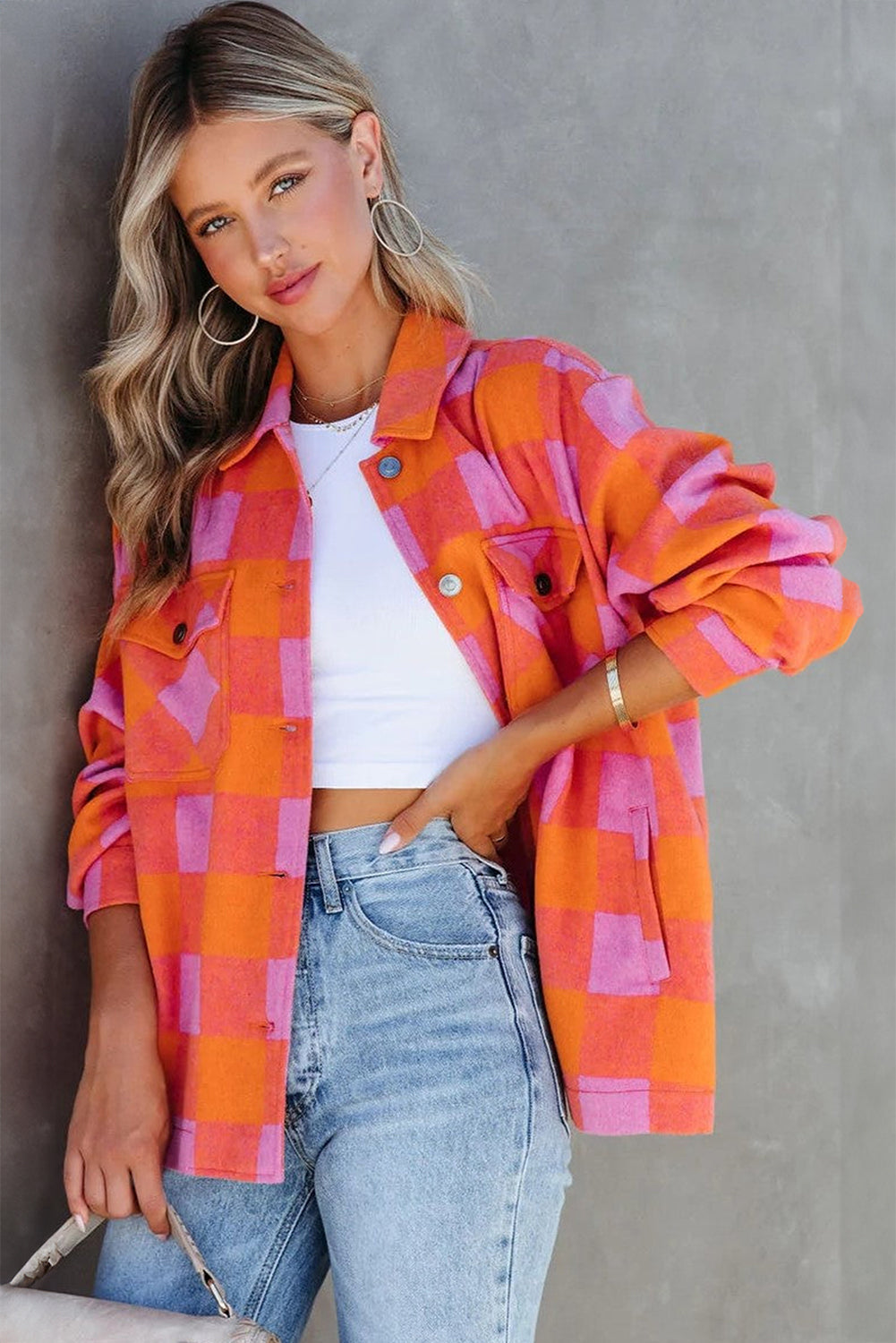 Orange karierte Jacke mit Brusttaschen und Umlegekragen