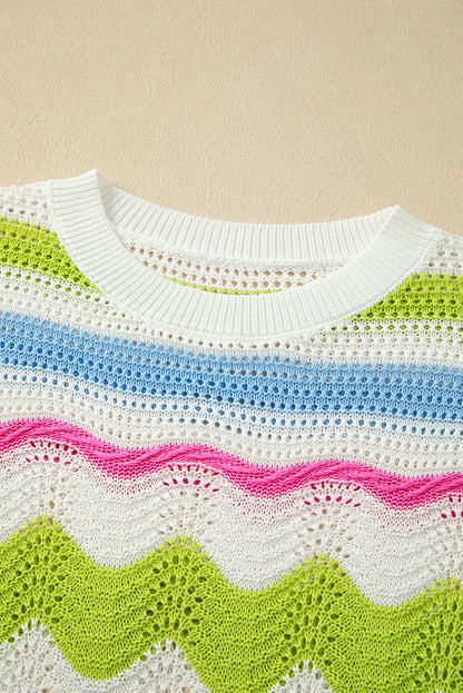 Weißes, kurzärmliges Pullover-Oberteil mit Häkelstrick und Farbblockdesign