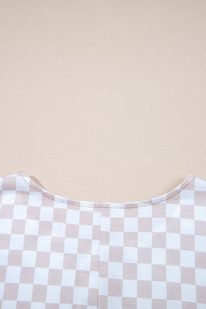 Aprikosenfarbener Jumpsuit mit weitem Bein und Karomuster, Rundhalsausschnitt und Knöpfen