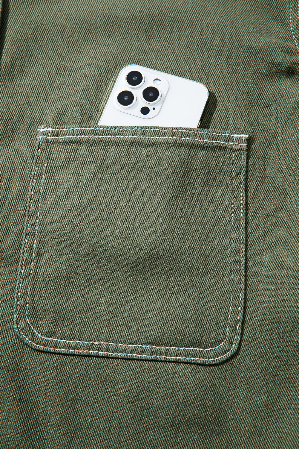 Smoke Green Patched Pocket Collared Button Front Boyfriend Denim Jacket