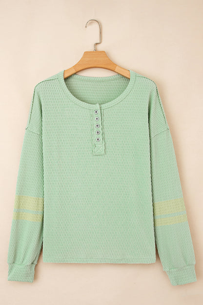 Meadow Mist Green Textured Knit Drop Shoulder Color Block Detail Long Sleeve Henley Top