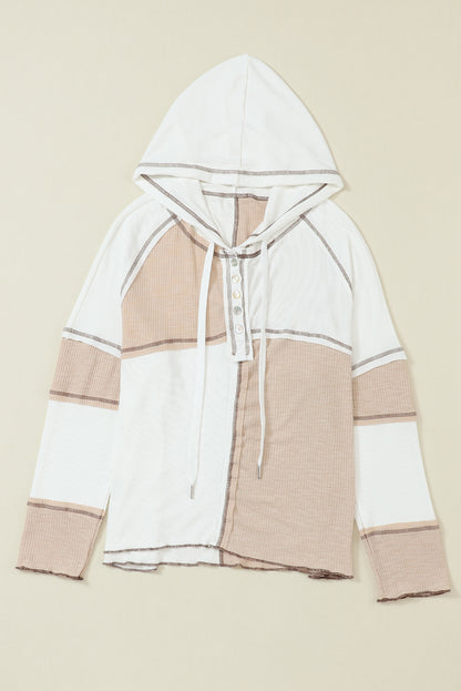 Multicolor Colorblock Seamed Ribbed Henley Hoodie
