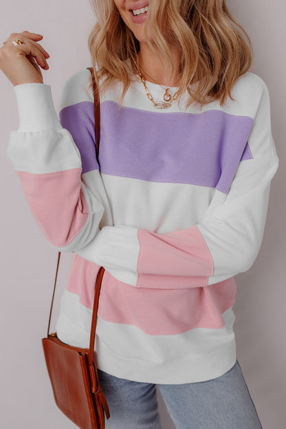 Beiges Sweatshirt mit Rundhalsausschnitt und Patchwork-Farbblockdesign mit überschnittener Schulter