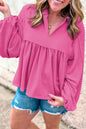 Hellrosa Babydoll-Bluse mit Kordel und V-Ausschnitt und Puffärmeln