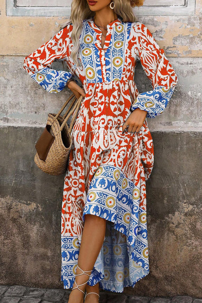 Oranges Boho-Maxikleid mit geometrischem Print und langen Ärmeln