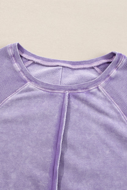 Orchid Petal Solid Waffelstrick Patchwork Raglanärmel Sweatshirt