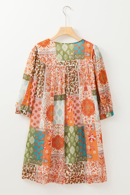 Oranges Boho Paisley Mix Print 3/4 Ärmel Chiffon Lockeres Kleid