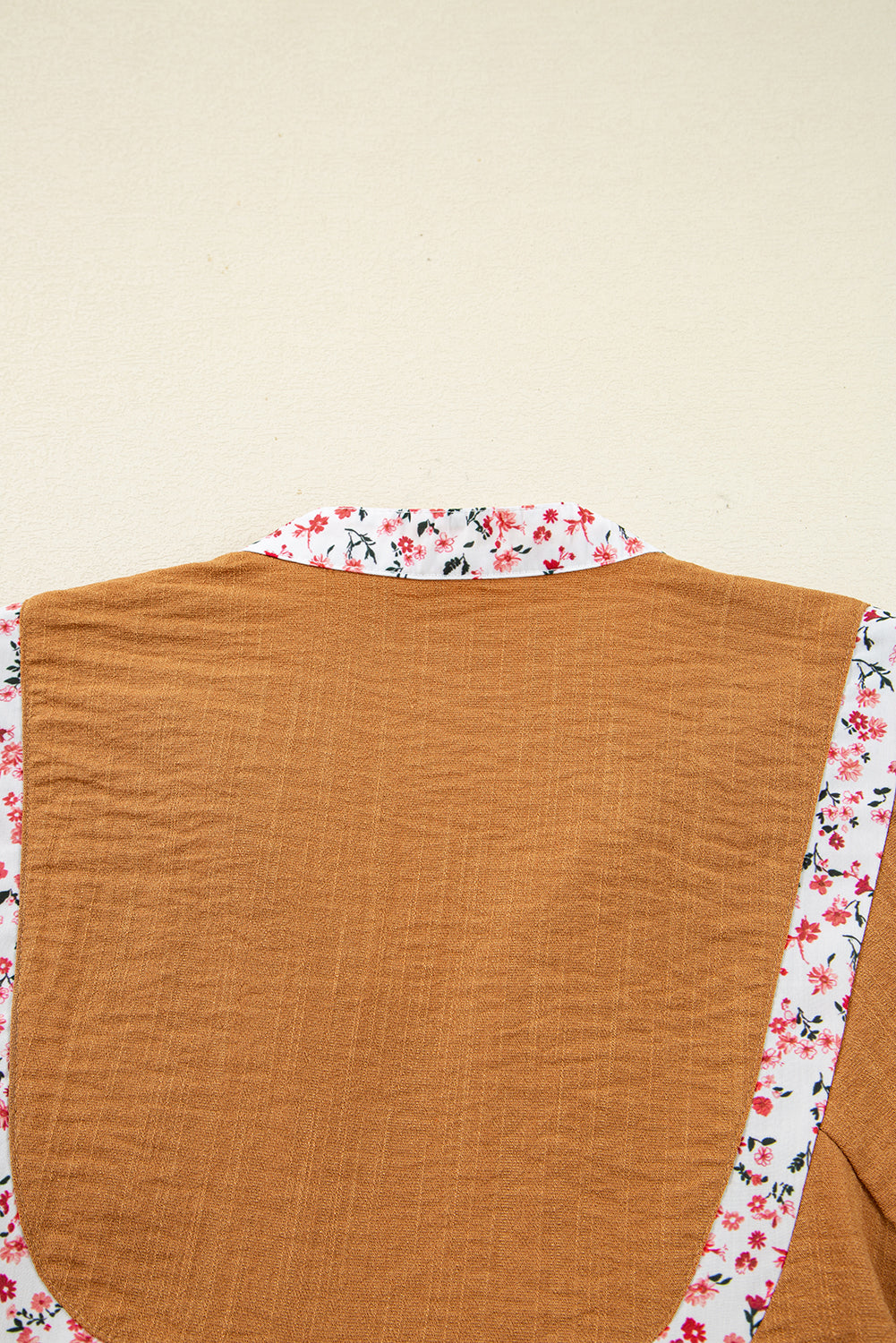 Straw Yellow Split Neck Pleated Floral Trim Long Puff Sleeve Blouse