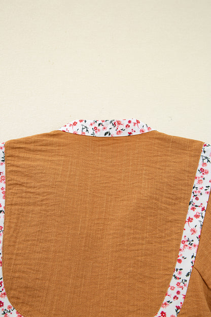 Straw Yellow Split Neck Pleated Floral Trim Long Puff Sleeve Blouse