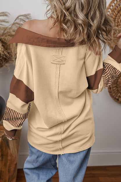 Helles French Beige gestreiftes Sweatshirt mit Colorblock-Patchwork-Kragen