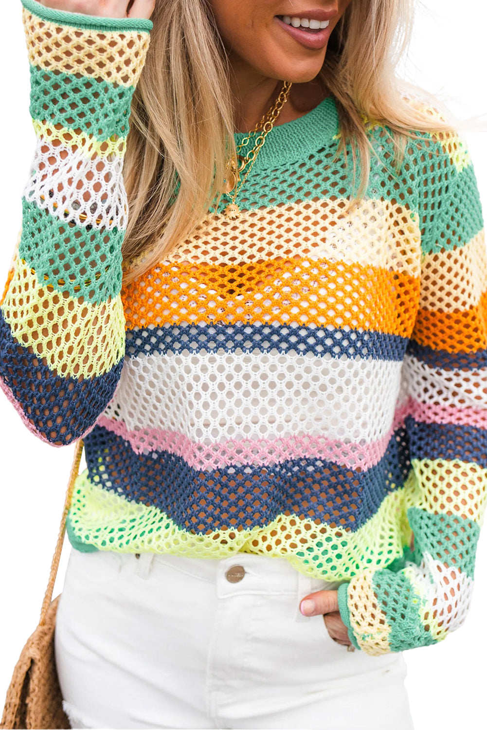 Grüner Colorblock-Patchwork-Strickpullover mit Häkel-Ösen