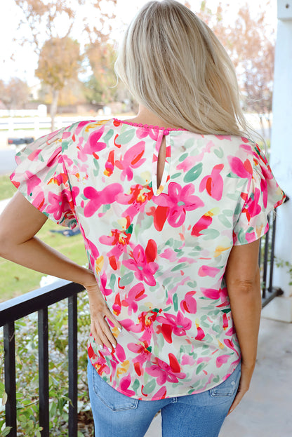 Lässige Bluse mit Rosen-Blumendruck, Flatterärmeln und Rundhalsausschnitt