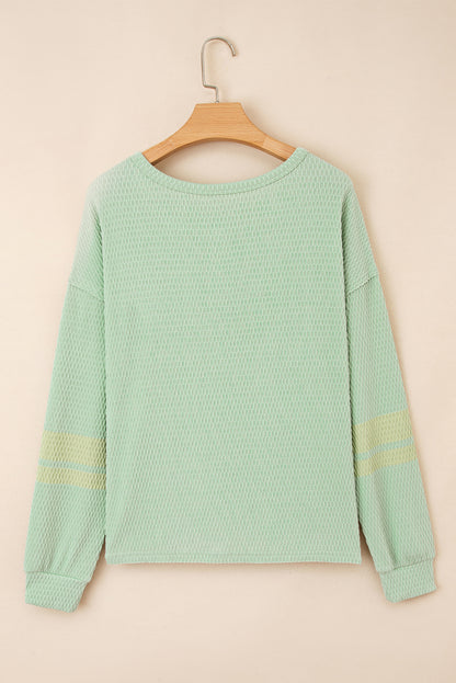 Meadow Mist Green Textured Knit Drop Shoulder Color Block Detail Long Sleeve Henley Top