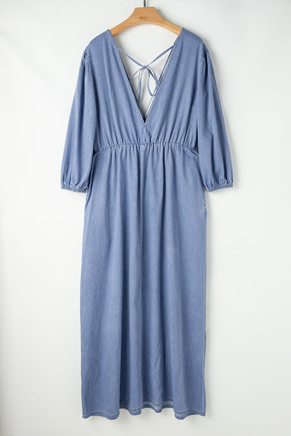 Myosotis Chambray Maxikleid mit tiefem V-Ausschnitt und Armbandärmeln