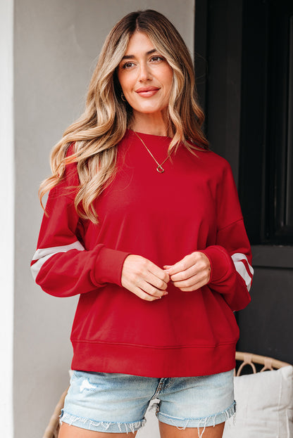 Fiery Red Varsity Striped Detail Drop Shoulder Oversized Sweatshirt