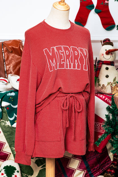Racing Red MERRY Rippstrick-Set mit langen Ärmeln und Schnürung in der Taille in Übergröße