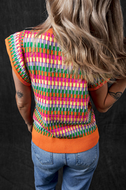 Orangefarbenes, mehrfarbiges Strickpullover-Oberteil mit Flatterärmeln