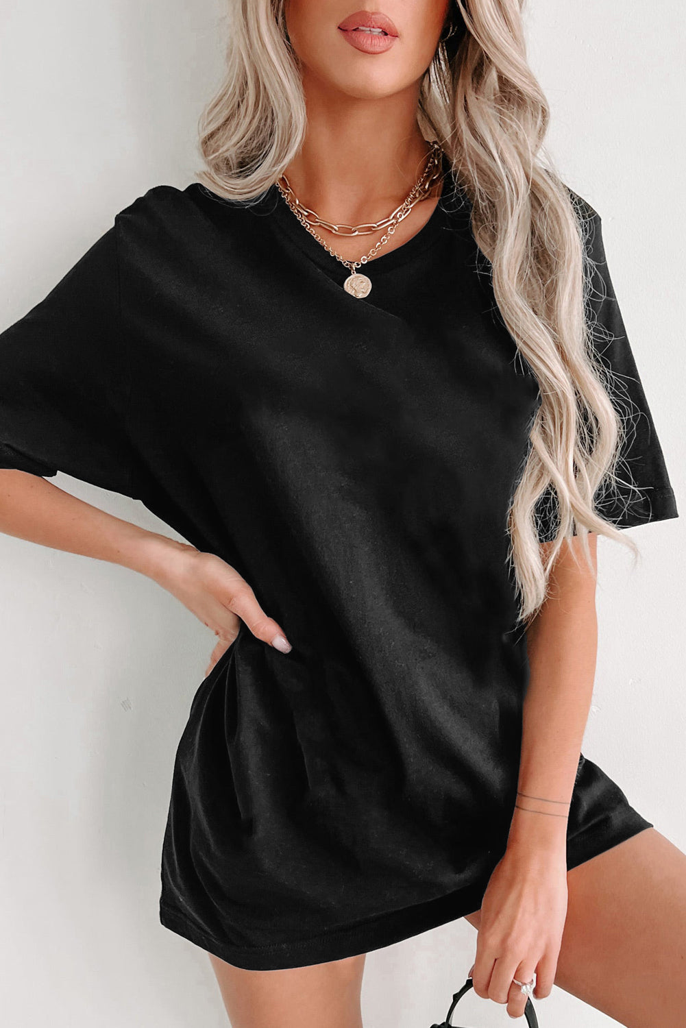 Schwarzes, einfarbiges Basic-Tunika-T-Shirt mit Rundhalsausschnitt