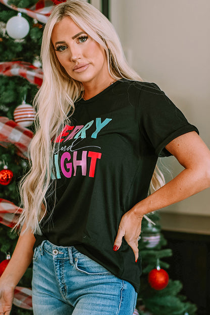 Schwarzes MERRY and BRIGHT T-Shirt mit Rundhalsausschnitt und Grafik