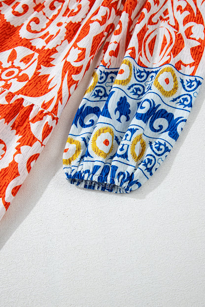 Oranges Boho-Maxikleid mit geometrischem Print und langen Ärmeln