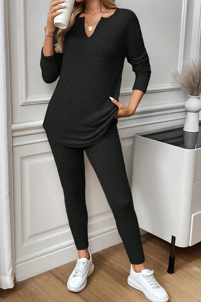 Black Ribbed Notched Neck Knit Long Sleeve Leggings Two Pieces Lounge Set