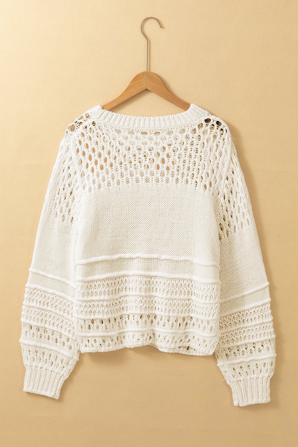 Weißer, einfarbiger Pointelle-Strickpullover mit Puffärmeln