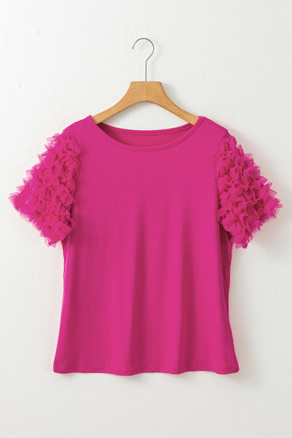 Kurzärmliges T-Shirt mit Rüschen und Netzstoff in Rosa