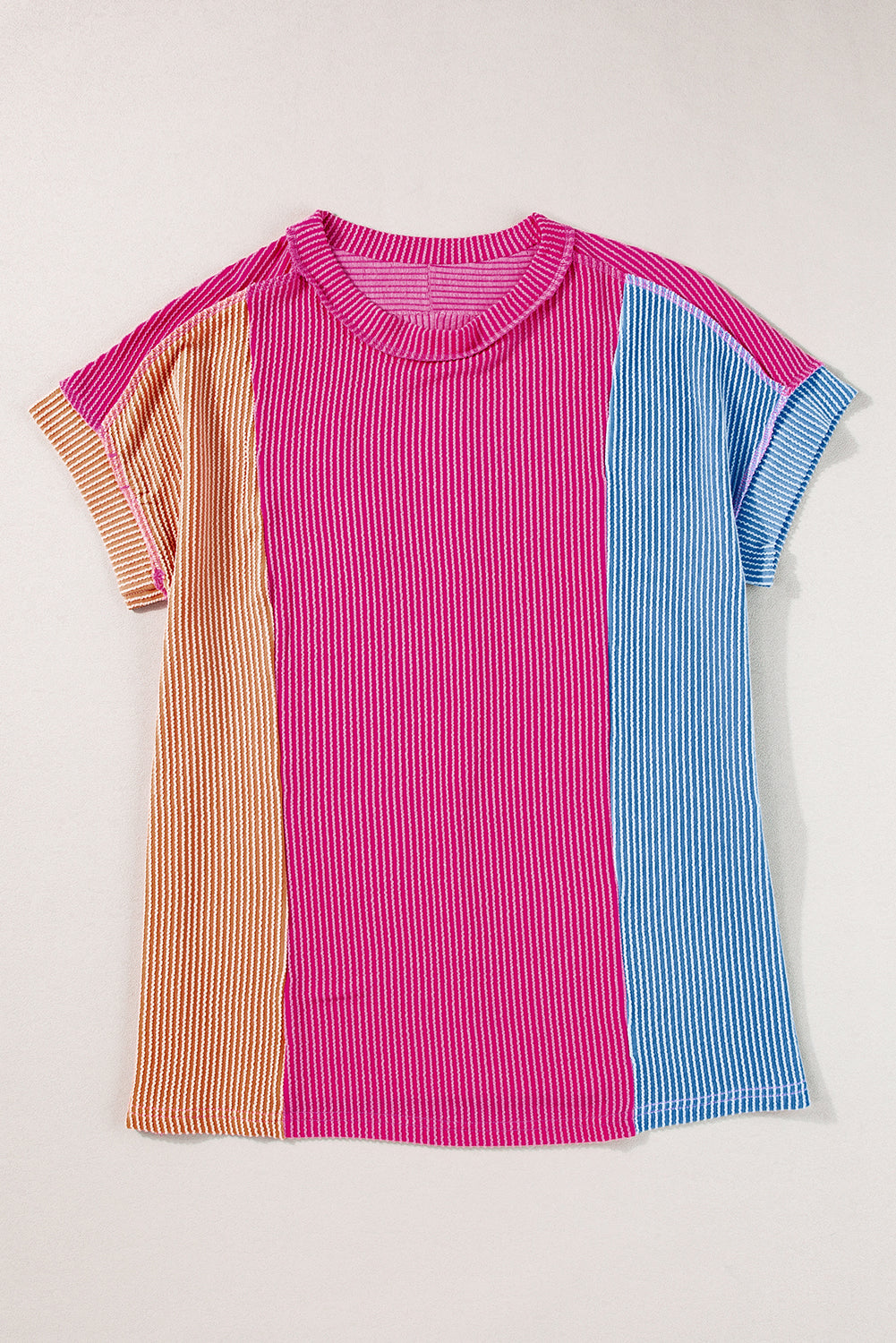 Rosarotes strukturiertes Colorblock-T-Shirt mit Rundhalsausschnitt