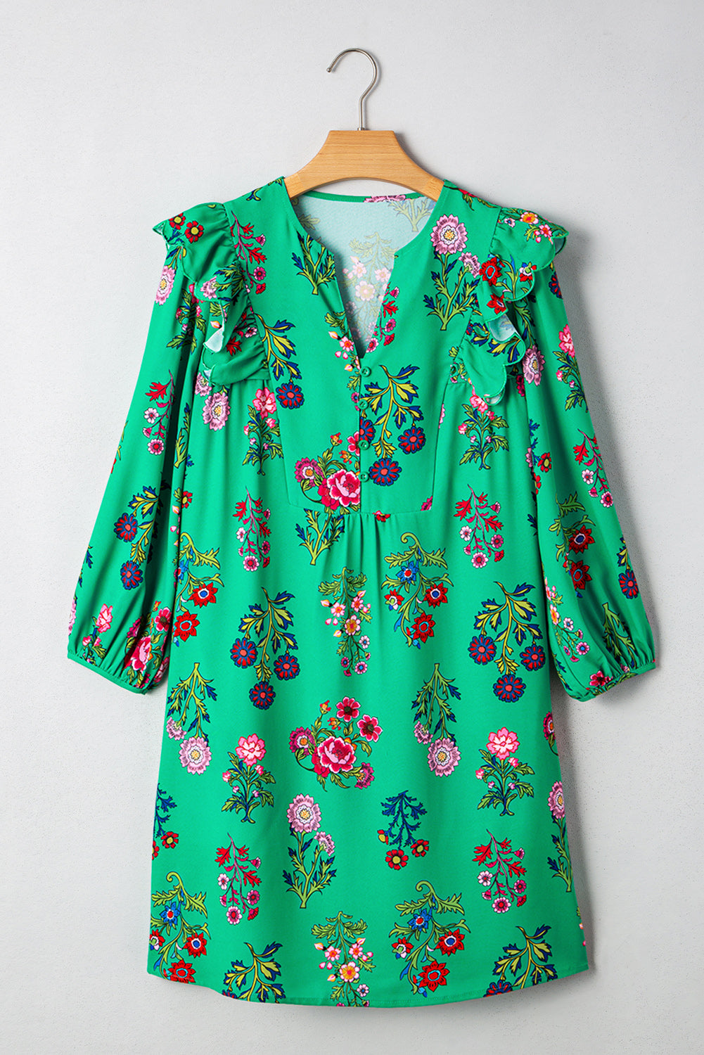 Green Floral Ruffled Three Quarter Sleeve Buttoned Mini Dress