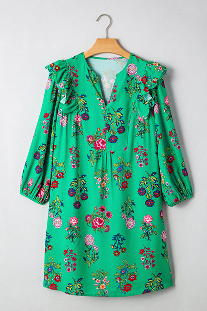 Green Floral Ruffled Three Quarter Sleeve Buttoned Mini Dress