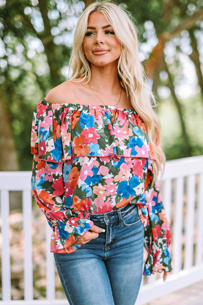 Schulterfreie Bluse mit Blumenmuster und Rüschen
