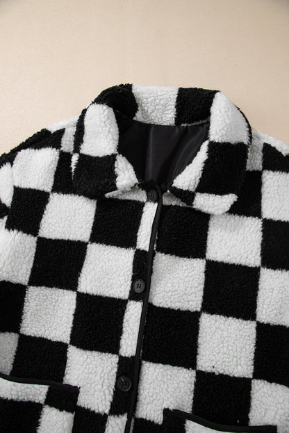 Schwarze, karierte Fleecejacke mit Seitentaschen, Kragen und Knöpfen