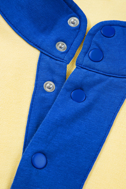 Yellow Color Block Patchwork Half Button Pullover and Shorts 2pcs Outfit