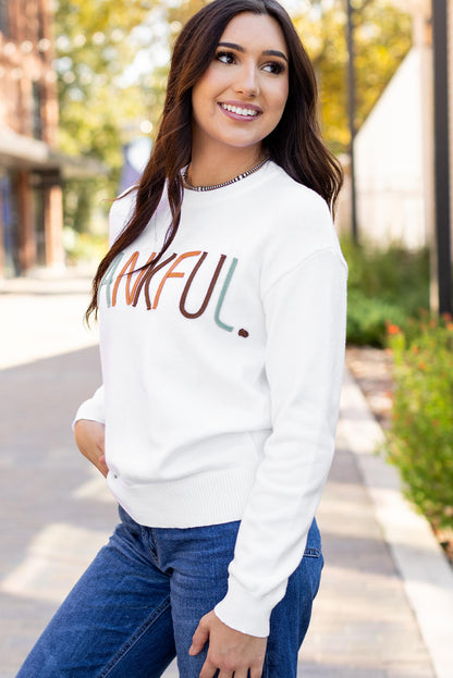 Weißer Pullover mit Stickerei „Thankful Ivory“