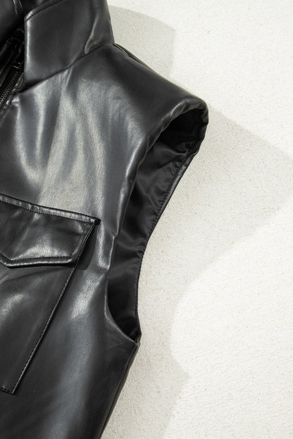 Black Double Flap Pocket Faux Leather Zip Up Stand Neck Vest