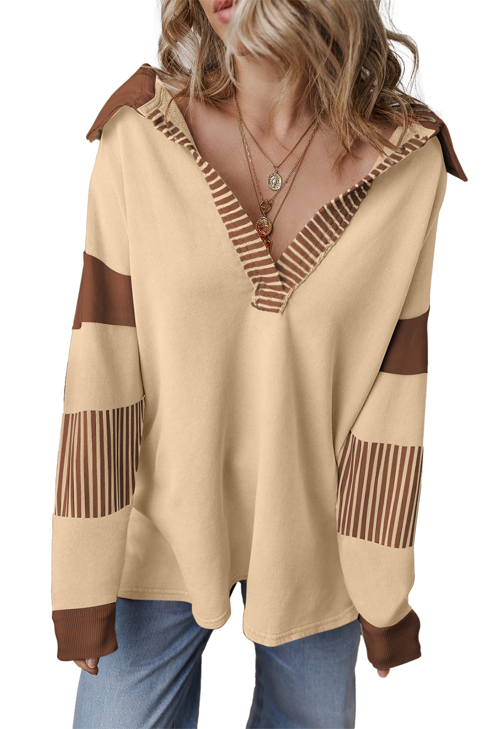 Helles French Beige gestreiftes Sweatshirt mit Colorblock-Patchwork-Kragen