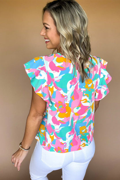 Mehrfarbige Bluse mit abstraktem Print, gekerbtem Ausschnitt und flatternden Ärmeln