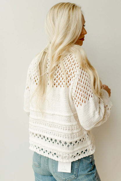 Weißer, einfarbiger Pointelle-Strickpullover mit Puffärmeln