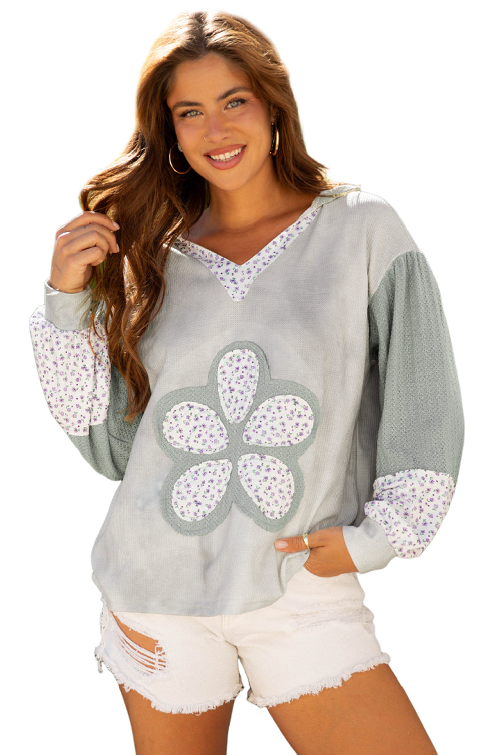Green Floral Patched Waffle Textured Colorblock V Neck Casual Hooded Top