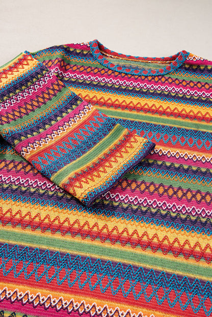 Rosarotes, mehrfarbiges, langärmliges Jacquard-T-Shirt mit geometrischem Muster
