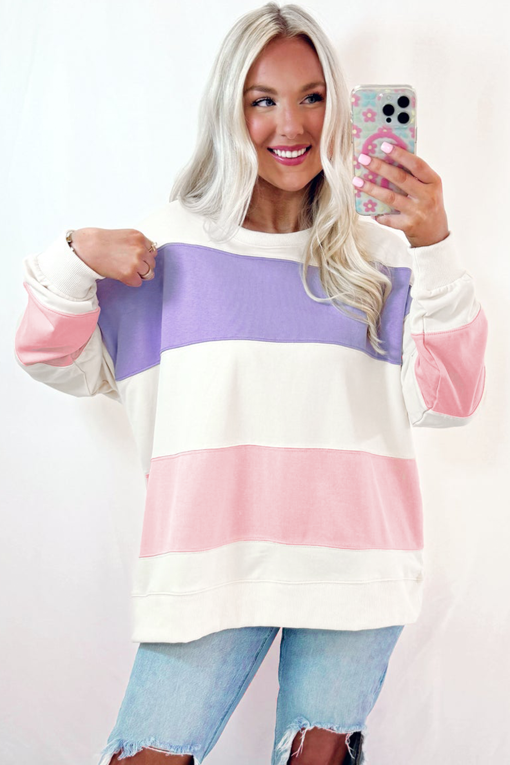 Beiges Sweatshirt mit Rundhalsausschnitt und Patchwork-Farbblockdesign mit überschnittener Schulter