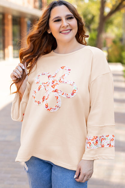 Beiges Plus Size Top mit Rundhalsausschnitt und Blumenpatches