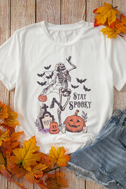 Halloween-T-Shirt mit Totenkopf-Kürbis-Gesicht, Motiv: STAY SPOOKY, Grafik