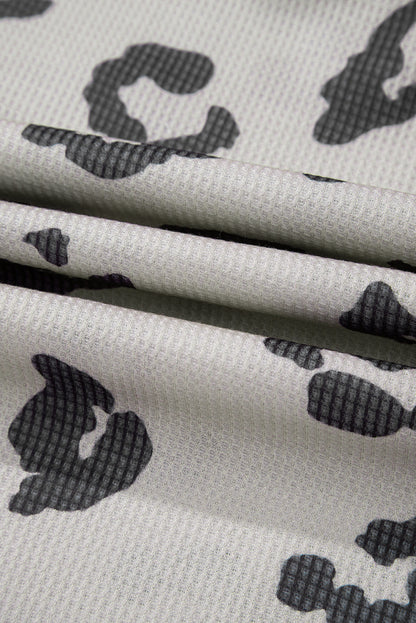 Gray Printed Leopard Balloon Sleeve Thermal Knit Plus Size Top