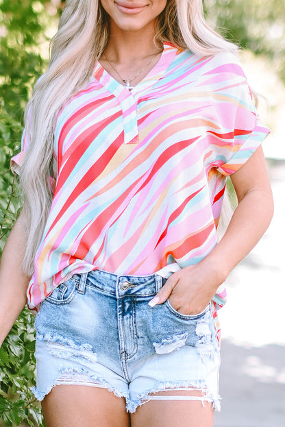 Mehrfarbige Bluse mit abstraktem Print und kurzen Ärmeln