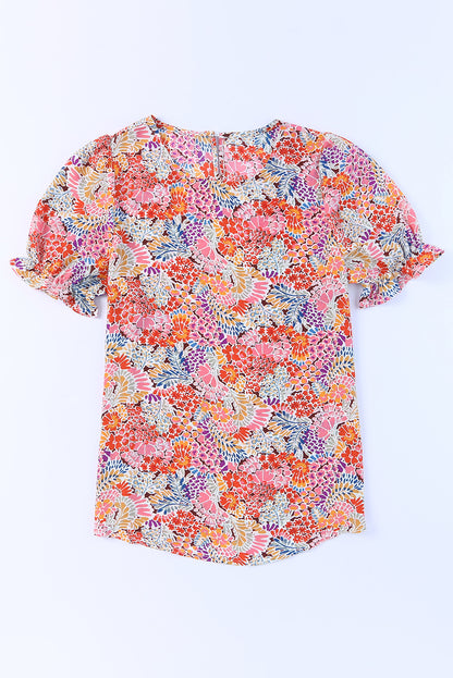 Bluse mit mehrfarbigen Blumenmuster-Mix und Puffärmeln