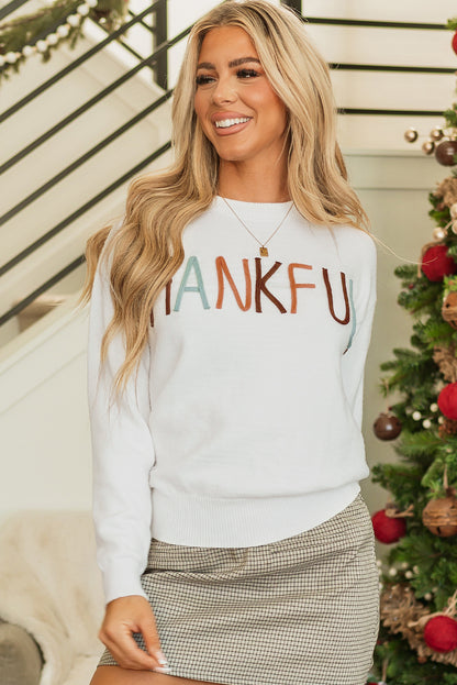 Weißer Pullover mit Stickerei „Thankful Ivory“