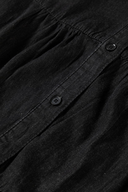 Schwarzes Chambray-Minikleid mit Rüschen, 3/4-Ärmeln, Stufen und V-Ausschnitt