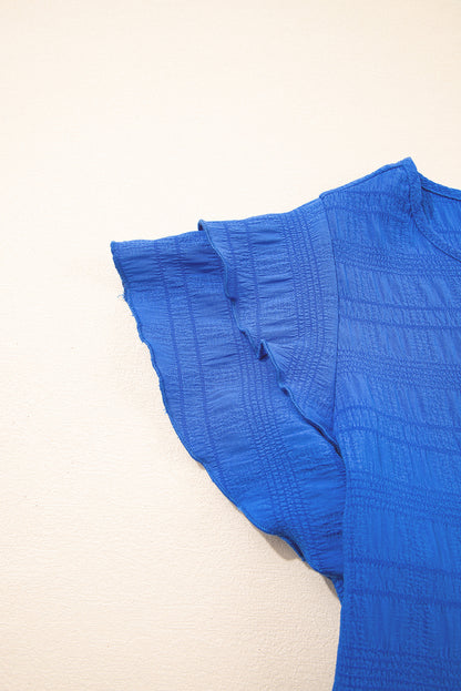 Dunkelblaues strukturiertes Top mit Rüschenärmeln und Rundhalsausschnitt